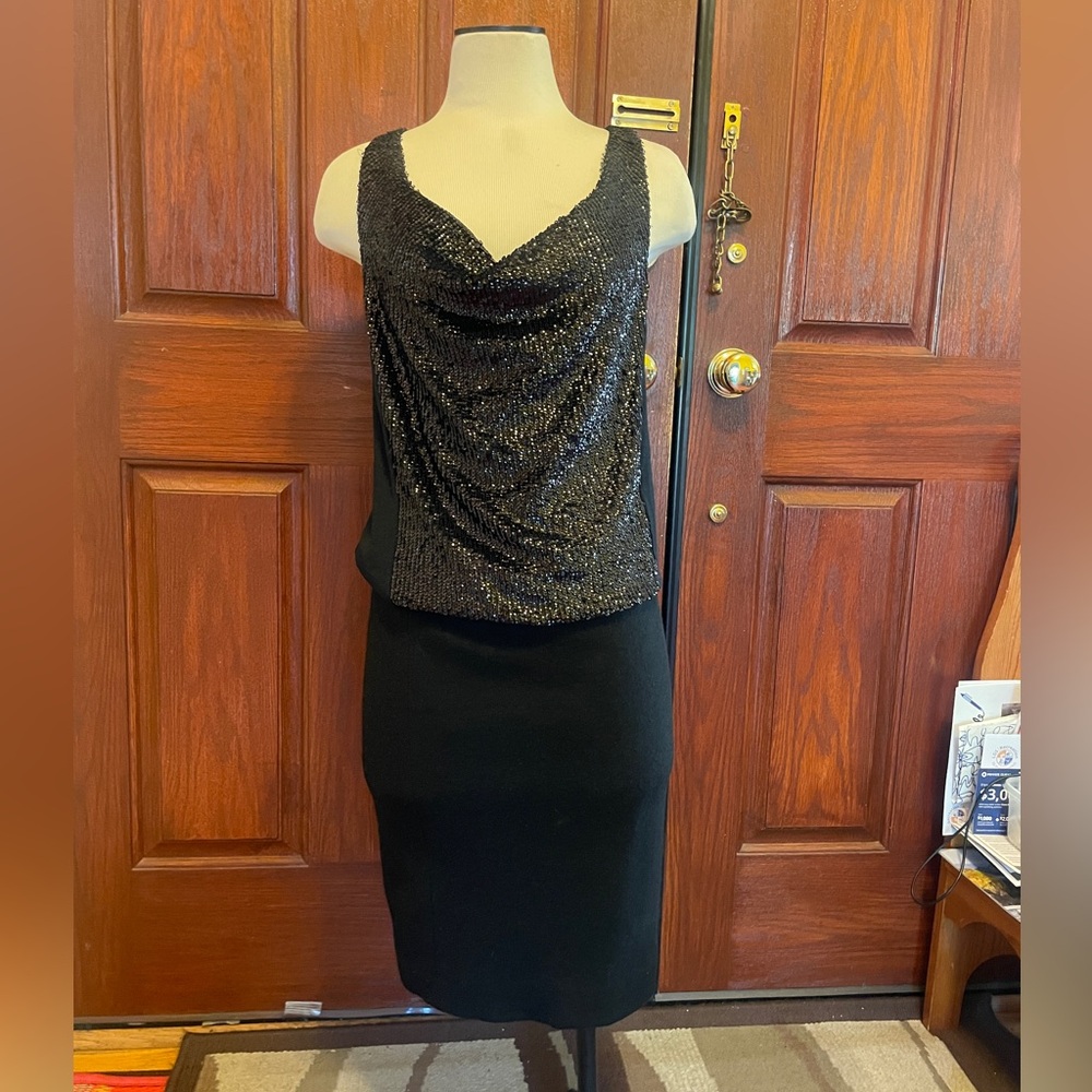 TORY BURCH Idilene Blk Silk Jersey Sequin Covered Frt Cowl Blouson Dress EUC XS